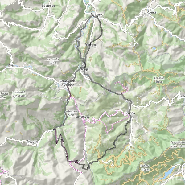 Miniatura della mappa di ispirazione al ciclismo "Tour ciclistico attraverso la natura incontaminata" nella regione di Cantabria, Spain. Generata da Tarmacs.app, pianificatore di rotte ciclistiche