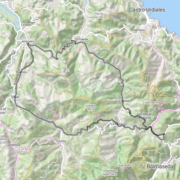 Miniatura della mappa di ispirazione al ciclismo "Giro in bicicletta panoramico da Ampuero" nella regione di Cantabria, Spain. Generata da Tarmacs.app, pianificatore di rotte ciclistiche