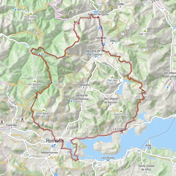 Miniature de la carte de l'inspiration cycliste "Challenge gravel de Arenas de Iguña à San Vicente de León" dans la Cantabria, Spain. Générée par le planificateur d'itinéraire cycliste Tarmacs.app