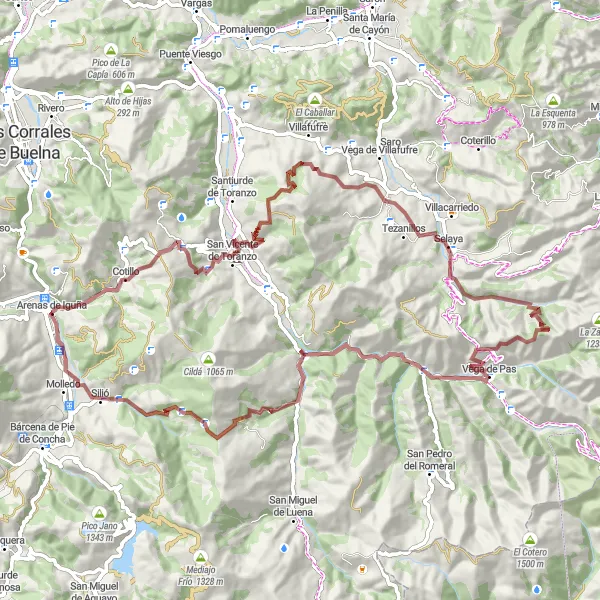 Miniatura della mappa di ispirazione al ciclismo "Avventura Gravel tra Castillo Pedroso e Helguera" nella regione di Cantabria, Spain. Generata da Tarmacs.app, pianificatore di rotte ciclistiche