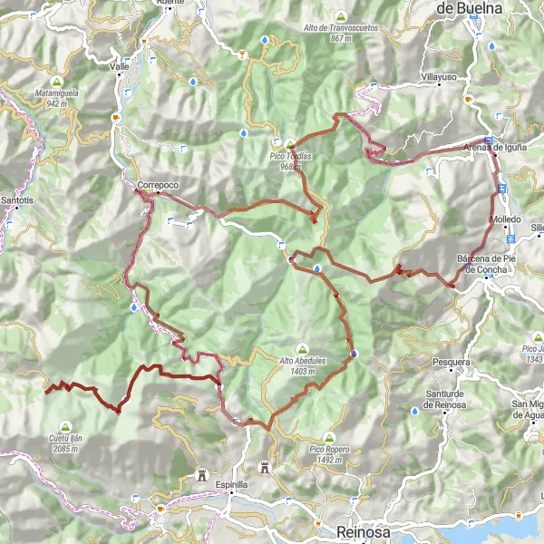 Miniaturní mapa "Gravelová trasa okolo Arenas de Iguña" inspirace pro cyklisty v oblasti Cantabria, Spain. Vytvořeno pomocí plánovače tras Tarmacs.app