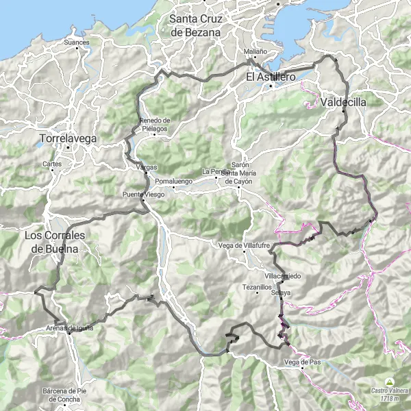 Miniaturekort af cykelinspirationen "Landevejscykelrute fra Arenas de Iguña" i Cantabria, Spain. Genereret af Tarmacs.app cykelruteplanlægger