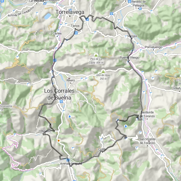 Miniature de la carte de l'inspiration cycliste "Les collines de Cantabrie" dans la Cantabria, Spain. Générée par le planificateur d'itinéraire cycliste Tarmacs.app