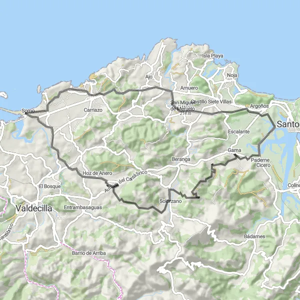 Miniatua del mapa de inspiración ciclista "Ruta en bicicleta de carretera desde Bárcena de Cicero" en Cantabria, Spain. Generado por Tarmacs.app planificador de rutas ciclistas