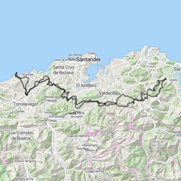 Miniature de la carte de l'inspiration cycliste "Circuit des Montagnes de Cantabria" dans la Cantabria, Spain. Générée par le planificateur d'itinéraire cycliste Tarmacs.app