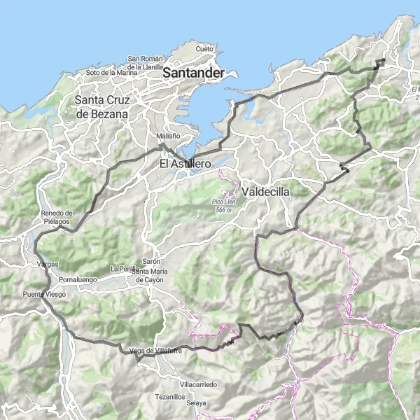 Map miniature of "Mountainous Adventure" cycling inspiration in Cantabria, Spain. Generated by Tarmacs.app cycling route planner