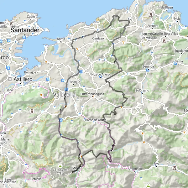 Miniatura della mappa di ispirazione al ciclismo "Cicloturismo tra natura e tradizione" nella regione di Cantabria, Spain. Generata da Tarmacs.app, pianificatore di rotte ciclistiche