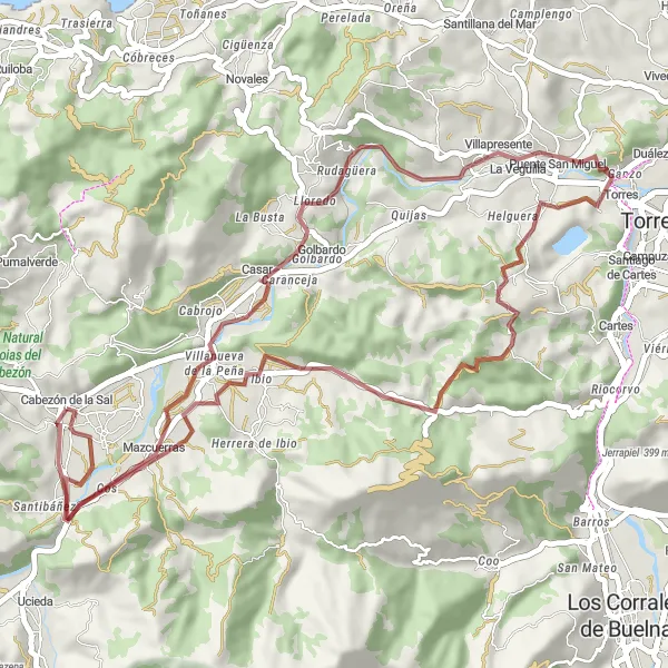 Miniature de la carte de l'inspiration cycliste "Aventure gravel autour de Cabezón" dans la Cantabria, Spain. Générée par le planificateur d'itinéraire cycliste Tarmacs.app