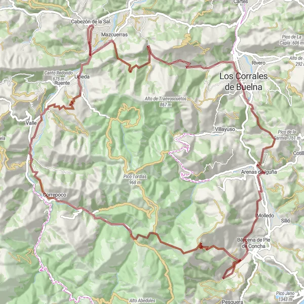 Miniatura della mappa di ispirazione al ciclismo "Tour epico tra le valli" nella regione di Cantabria, Spain. Generata da Tarmacs.app, pianificatore di rotte ciclistiche