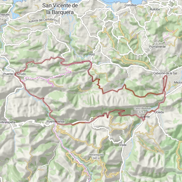 Map miniature of "Cabezón de la Sal - Carrejo - Picu la Cuchilla - Monte Aá - Carmona - La palombera - Labarces - Canto Redondo" cycling inspiration in Cantabria, Spain. Generated by Tarmacs.app cycling route planner