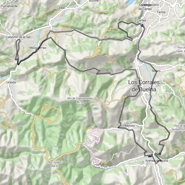 Miniature de la carte de l'inspiration cycliste "Les Routes Époustouflantes de Cantabrie" dans la Cantabria, Spain. Générée par le planificateur d'itinéraire cycliste Tarmacs.app