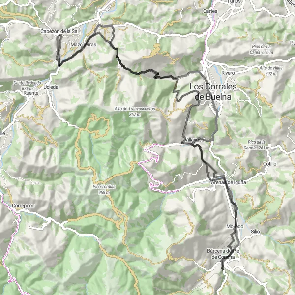 Miniatura mapy "Szlak szosowy z Cabezón de la Sal" - trasy rowerowej w Cantabria, Spain. Wygenerowane przez planer tras rowerowych Tarmacs.app