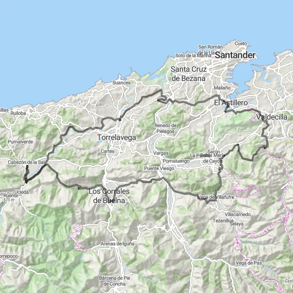 Miniatura della mappa di ispirazione al ciclismo "Esplorazione Ciclistica da Queveda a Coo" nella regione di Cantabria, Spain. Generata da Tarmacs.app, pianificatore di rotte ciclistiche