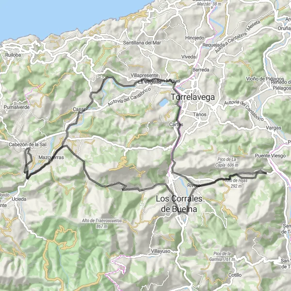 Map miniature of "Cabezón de la Sal - Rudagüera - Jerrapiel - Alto de Hijas - Coo - Carrejo" cycling inspiration in Cantabria, Spain. Generated by Tarmacs.app cycling route planner