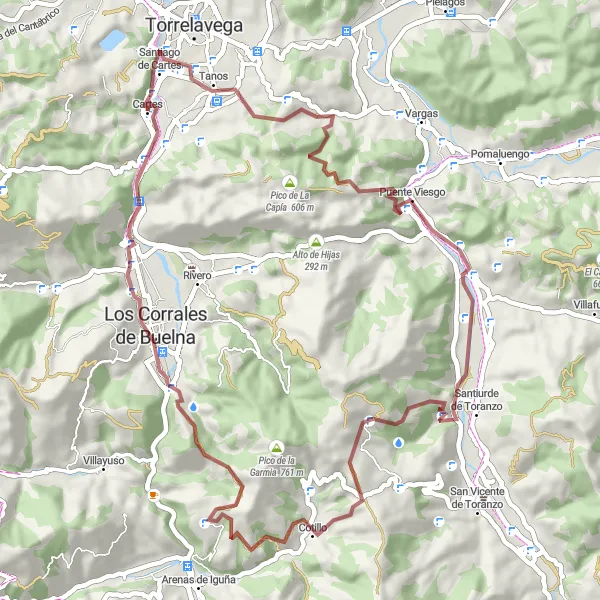 Miniatura della mappa di ispirazione al ciclismo "Esplorazione Gravel tra Campuzano e Riocorvo" nella regione di Cantabria, Spain. Generata da Tarmacs.app, pianificatore di rotte ciclistiche