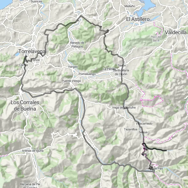 Miniaturní mapa "Okružní cyklistická trasa od Cartes" inspirace pro cyklisty v oblasti Cantabria, Spain. Vytvořeno pomocí plánovače tras Tarmacs.app