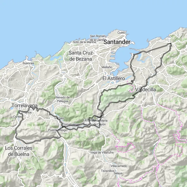 Miniature de la carte de l'inspiration cycliste "Parcours cycliste sur route depuis Cartes" dans la Cantabria, Spain. Générée par le planificateur d'itinéraire cycliste Tarmacs.app