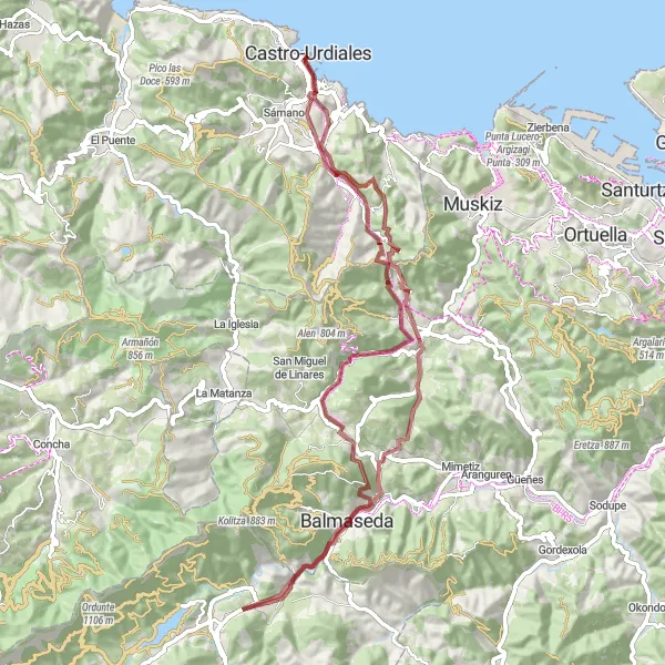 Map miniature of "Castro-Urdiales to Balmaseda" cycling inspiration in Cantabria, Spain. Generated by Tarmacs.app cycling route planner