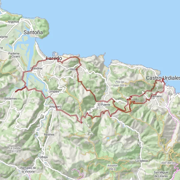 Miniatura della mappa di ispirazione al ciclismo "Tour in bicicletta tra natura e cultura spagnola" nella regione di Cantabria, Spain. Generata da Tarmacs.app, pianificatore di rotte ciclistiche