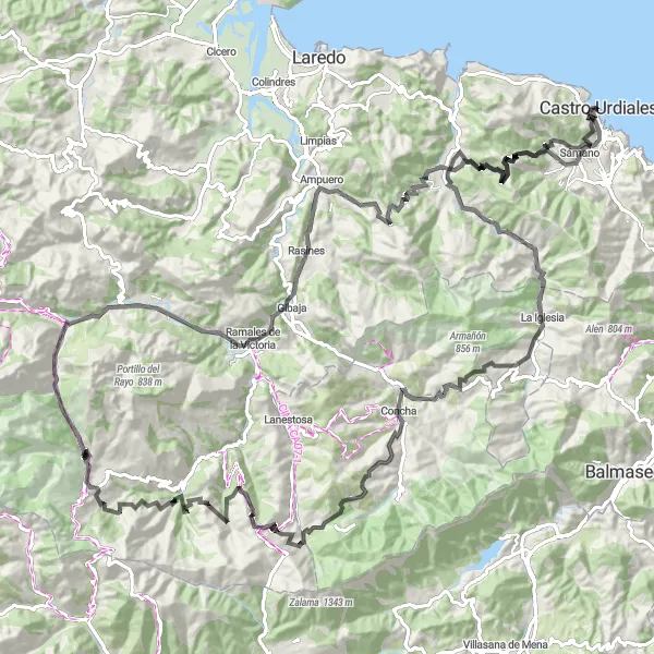 Map miniature of "Castro-Urdiales to Alto Campizón" cycling inspiration in Cantabria, Spain. Generated by Tarmacs.app cycling route planner