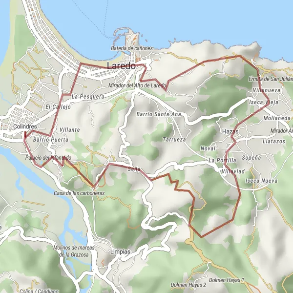 Miniatuurkaart van de fietsinspiratie "Fietsen rond Colindres - Avontuurlijk Gravel" in Cantabria, Spain. Gemaakt door de Tarmacs.app fietsrouteplanner
