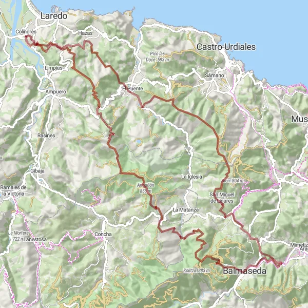 Miniatua del mapa de inspiración ciclista "Ruta de Grava a Seña, Peña de las Abejas, Monillo, San Miguel de Linares, Bolunburuko burdinola, Guinea, La Galupa, La Llama y Colindres" en Cantabria, Spain. Generado por Tarmacs.app planificador de rutas ciclistas