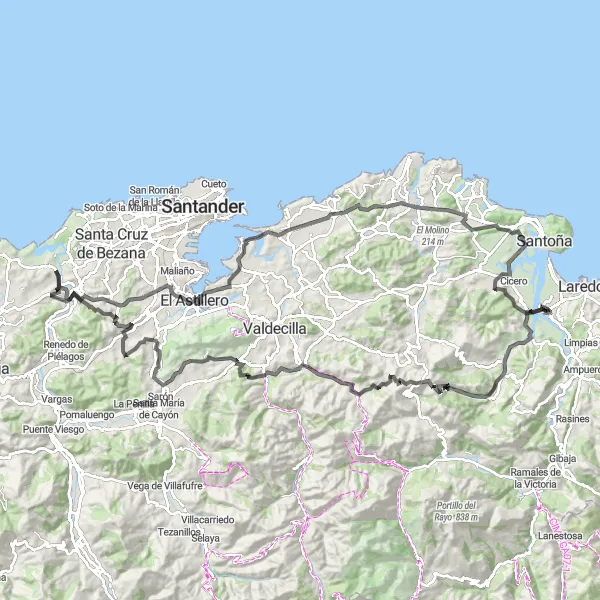 Map miniature of "Bádames - Alto de Fuente Pico - El Mazo - La Cavada - Somarriba - Pico del Espino - Parbayón - Oruña - Alto de la Gigüela - El Astillero - El Molino - Arnuero - Santiuste - Palacio de Cerecedo" cycling inspiration in Cantabria, Spain. Generated by Tarmacs.app cycling route planner