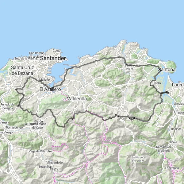 Karten-Miniaturansicht der Radinspiration "Road-Bike-Tour mit intensivem Aufstieg" in Cantabria, Spain. Erstellt vom Tarmacs.app-Routenplaner für Radtouren