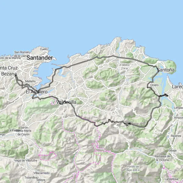 Miniaturní mapa "Cyklistické dobrodružství okolo El Carmen" inspirace pro cyklisty v oblasti Cantabria, Spain. Vytvořeno pomocí plánovače tras Tarmacs.app