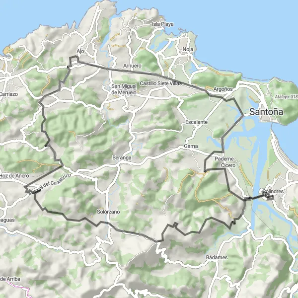 Miniatua del mapa de inspiración ciclista "Ruta de Colindres a Nates" en Cantabria, Spain. Generado por Tarmacs.app planificador de rutas ciclistas