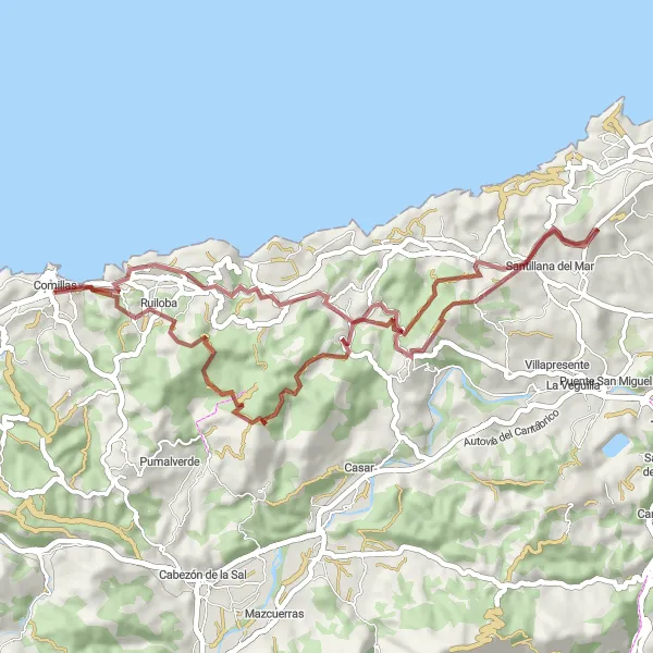 Miniatuurkaart van de fietsinspiratie "Gravelroute vanuit Comillas naar Mirador de Santa Lucía" in Cantabria, Spain. Gemaakt door de Tarmacs.app fietsrouteplanner
