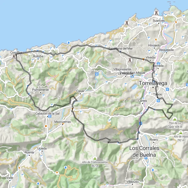 Miniatua del mapa de inspiración ciclista "Ruta de Comillas-Los Corrales de Buelna-Suances-Villanueva de la Peña-Comillas" en Cantabria, Spain. Generado por Tarmacs.app planificador de rutas ciclistas