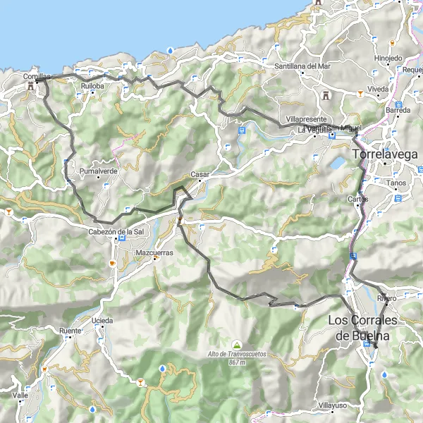 Miniatua del mapa de inspiración ciclista "Ruta de Comillas-Novales-Arena-Jerrapiel-Villanueva de la Peña-Comillas" en Cantabria, Spain. Generado por Tarmacs.app planificador de rutas ciclistas