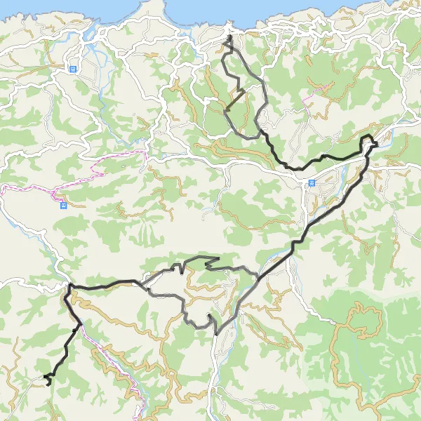 Miniature de la carte de l'inspiration cycliste "Défi Montagnard à travers les Vallées" dans la Cantabria, Spain. Générée par le planificateur d'itinéraire cycliste Tarmacs.app