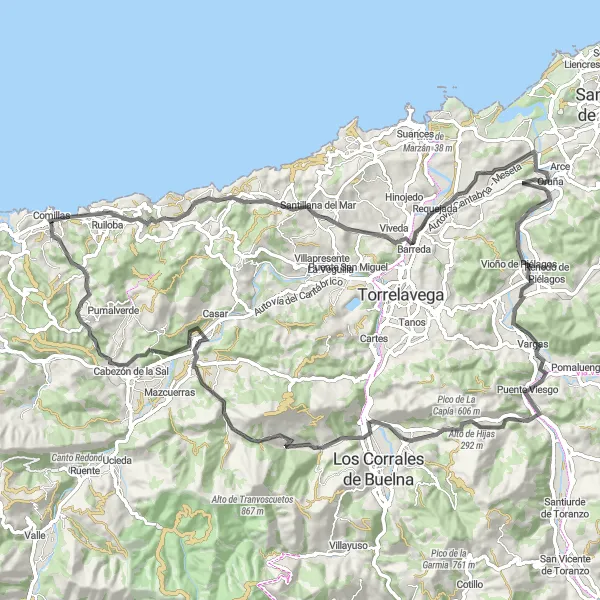 Miniaturní mapa "Cyklo trasa skrz Sierra kolem Comillas" inspirace pro cyklisty v oblasti Cantabria, Spain. Vytvořeno pomocí plánovače tras Tarmacs.app