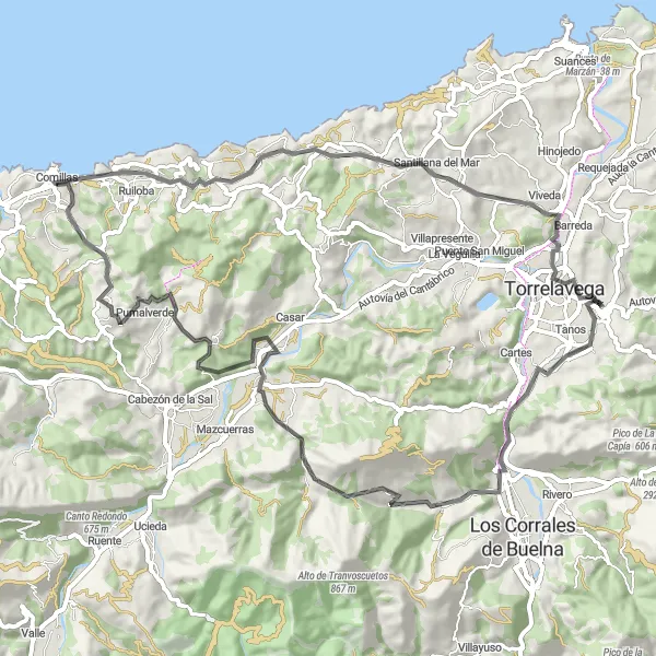 Miniatuurkaart van de fietsinspiratie "Route vanuit Comillas naar Sierra" in Cantabria, Spain. Gemaakt door de Tarmacs.app fietsrouteplanner