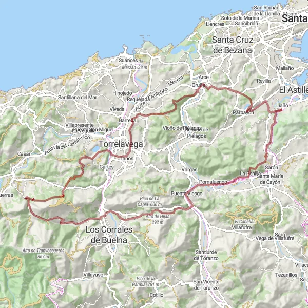 Map miniature of "Gravel Adventure through Cantabria" cycling inspiration in Cantabria, Spain. Generated by Tarmacs.app cycling route planner