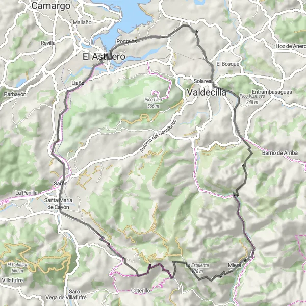 Map miniature of "Villages and Valleys Cycling Route" cycling inspiration in Cantabria, Spain. Generated by Tarmacs.app cycling route planner