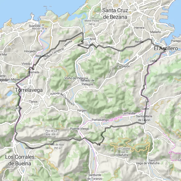 Miniatura mapy "Trasa rowerowa szosowa El Astillero - Liaño - Penilla - Mirador del Pas - Jerrapiel - Oruña - Alto de la Gigüela - Boo de Guarnizo" - trasy rowerowej w Cantabria, Spain. Wygenerowane przez planer tras rowerowych Tarmacs.app