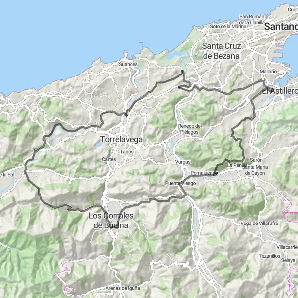 Miniature de la carte de l'inspiration cycliste "Défi en vélo de route à travers les montagnes de Cantabrie" dans la Cantabria, Spain. Générée par le planificateur d'itinéraire cycliste Tarmacs.app