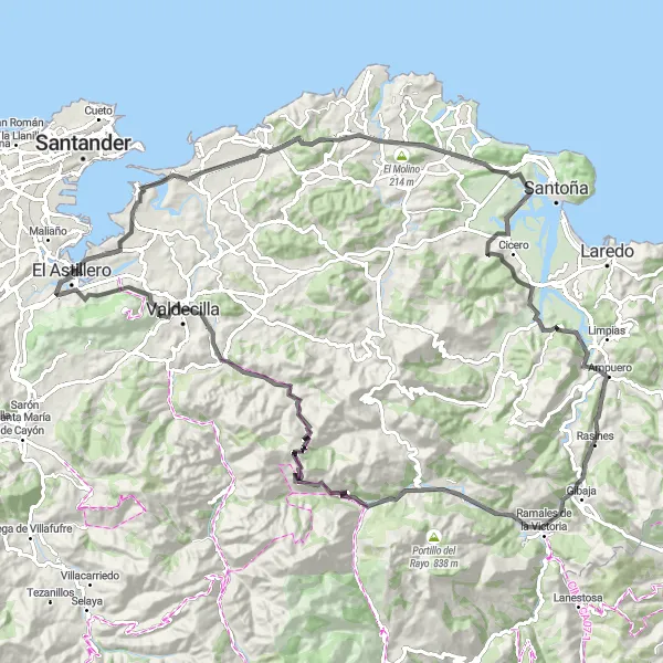 Miniaturní mapa "Cyklotrasa Elechas - El Astillero" inspirace pro cyklisty v oblasti Cantabria, Spain. Vytvořeno pomocí plánovače tras Tarmacs.app