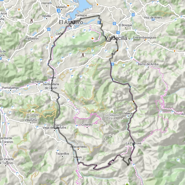 Miniatura della mappa di ispirazione al ciclismo "Cicloturismo da El Astillero a Liaño" nella regione di Cantabria, Spain. Generata da Tarmacs.app, pianificatore di rotte ciclistiche