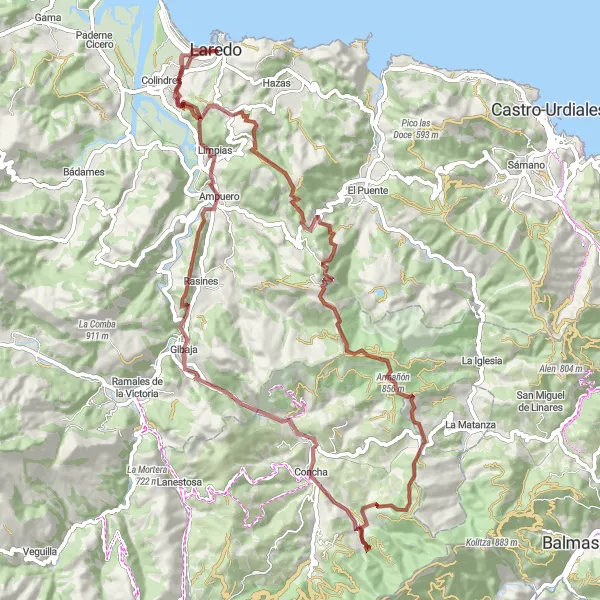 Karten-Miniaturansicht der Radinspiration "Gravel-Erkundungstour in der Nähe von Laredo" in Cantabria, Spain. Erstellt vom Tarmacs.app-Routenplaner für Radtouren