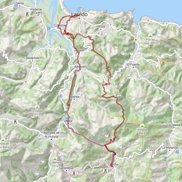 Miniaturní mapa "Gravelová cyklotrasa Seña - Mirador del Alto de Laredo" inspirace pro cyklisty v oblasti Cantabria, Spain. Vytvořeno pomocí plánovače tras Tarmacs.app