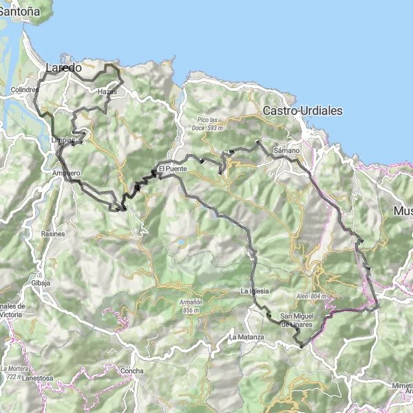 Miniature de la carte de l'inspiration cycliste "Parcours vers l'Alto Campizón et Traslaviña" dans la Cantabria, Spain. Générée par le planificateur d'itinéraire cycliste Tarmacs.app