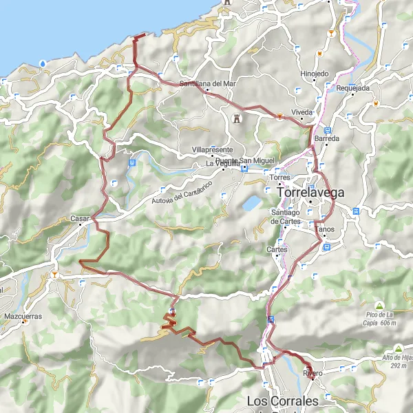 Miniatura mapy "Trasa rowerowa na żwirowym podłożu w pobliżu Los Corrales de Buelna (Cantabria, Hiszpania)" - trasy rowerowej w Cantabria, Spain. Wygenerowane przez planer tras rowerowych Tarmacs.app