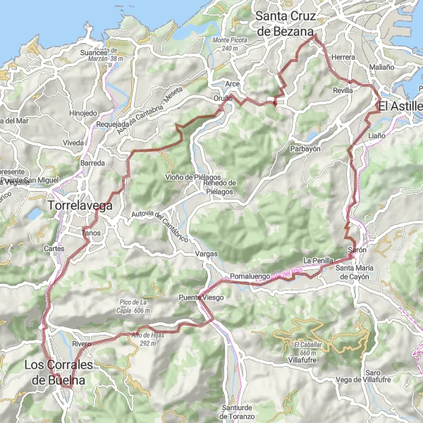 Miniatura della mappa di ispirazione al ciclismo "Percorso in mountain bike intorno a Los Corrales de Buelna" nella regione di Cantabria, Spain. Generata da Tarmacs.app, pianificatore di rotte ciclistiche