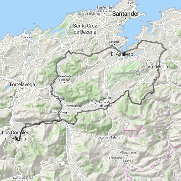 Miniatuurkaart van de fietsinspiratie "Los Corrales de Buelna naar Mirador del Pas" in Cantabria, Spain. Gemaakt door de Tarmacs.app fietsrouteplanner