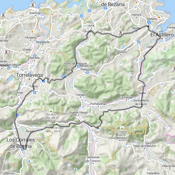 Miniaturní mapa "Okruh kolem Los Corrales de Buelna" inspirace pro cyklisty v oblasti Cantabria, Spain. Vytvořeno pomocí plánovače tras Tarmacs.app