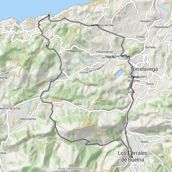 Map miniature of "Coastal Escape" cycling inspiration in Cantabria, Spain. Generated by Tarmacs.app cycling route planner